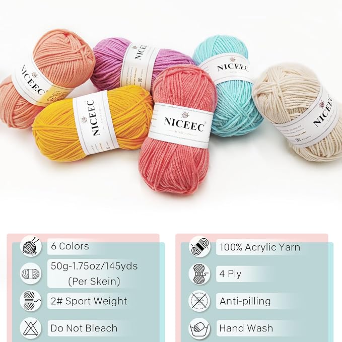 NICEEC 300g Soft Assorted Colors Yarn 100% Acrylic 870yds -Series 14