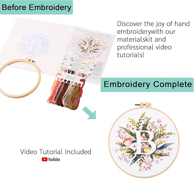 Harimau Letter B Pattern Embroidery Kit for Adult Beginners, Complete Starter Pack with 1 Hoop, Needles, Instruction Guide & Embroidery Stitch Video Tutorials