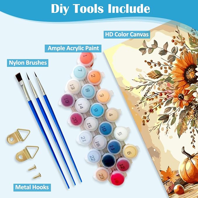 Fall Pumpkin Sunflower Butterfly Paint by Numbers Kit for Adults, DIY Paint by Numbers Kits for Adults Beginners Without Frame, Acrylic Paint Canvas Painting Kits Art for Home Decor 16x16 Inch