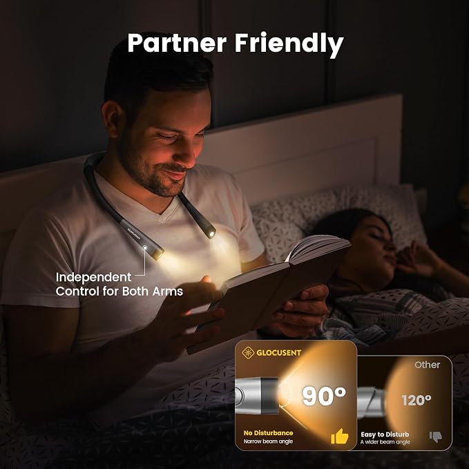 Glocusent Reading Light,Bendable Neck Light,80-hr Rechargeable Book Light | 3-Color&6-Brightness, USB-C,Hands free LED Neck Reading Light,Women, Knitting, Repairing,Crafting, Wearable,Book Lovers Gifts
