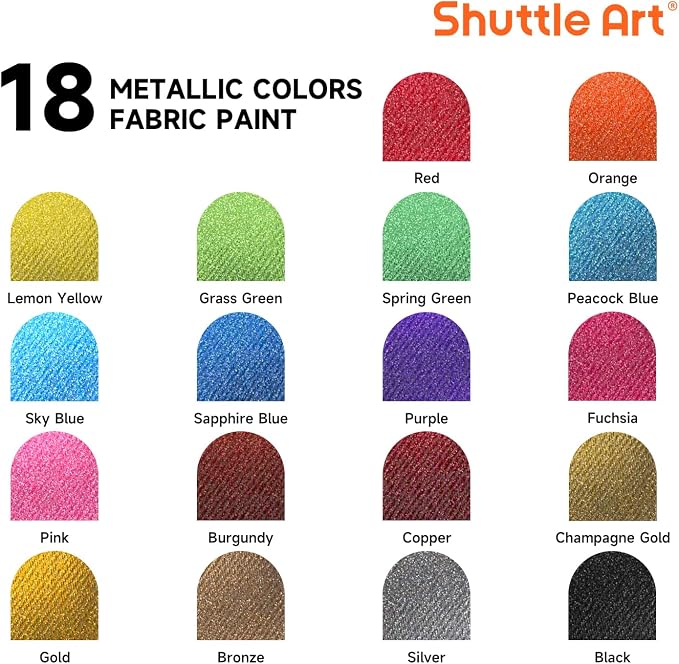 Metallic Fabric Paint, Shuttle Art 18 Metallic Colors Permanent Soft Fabric Paint in Bottles (60ml/2oz) with Brush and Stencils, Non-Toxic Textile Paint for T-shirts, Shoes, Jeans, Bags & DIY Projects
