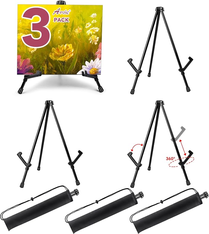 AROIC 3 Pack 14'' Tabletop Easels, Black Steel Table Top Easels for Display | Adjustable Portable Table Top Easel for Paintings, Signs, Posters,Frame Pictures(with 3 Bags)