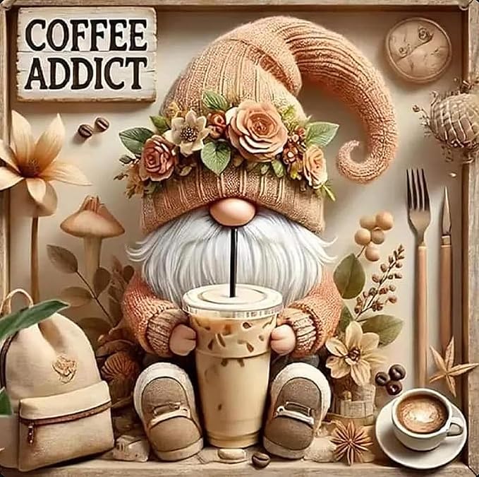 Diamond Art Kits for Adults,Gnome Drinks Coffee 5D Diamond Painting | 5D DIY Full Round Gem Crystal Art Paint by Diamond, Home Wall Decor 14x 14 in
