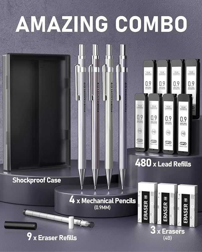 Mechanical Pencil Set, 0.9mm 4-Pack with Case, Metal Body, Break-Resistant