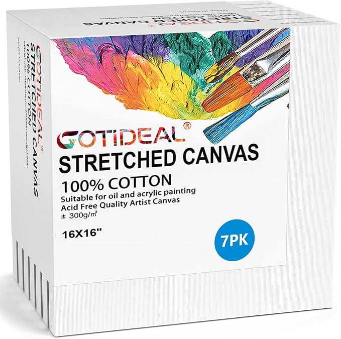 GOTIDEAL Stretched Canvases for Painting, 16x16 Inch Set of 7, Primed White | 100% Cotton Blank Art Square Canvas Boards for Painting for Acrylic Pouring, Oil Paint Dry & Wet Art Media
