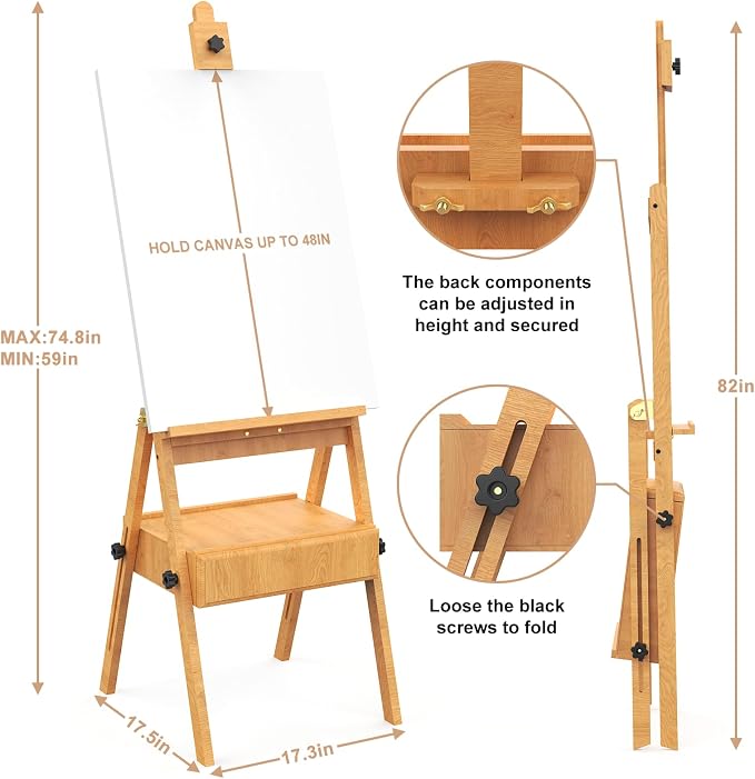 Large Beech Wood H-Frame Easel,Painting Easel with Storage Drawer,Up to 36" | Multi-Function Studio Easel, Professional Foldable Artist Easel Stand for Painting, Holds Canvas Art up to 36"