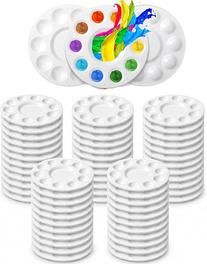 Mr. Pen- Bulk Round Paint Tray Palettes, 60 Pack, White Plastic Palettes | with 10 Wells for Students, Adults, Kids, Paint Holder, DIY Craft Class, Painting