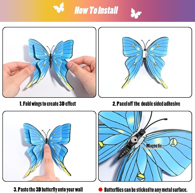SAOROPEB 3D Butterfly Wall Decor, 48 Pcs Double Layer Butterfly Decorations for Party Decorations Locker Decor Refrigerator Decal, Reusable (Blue)