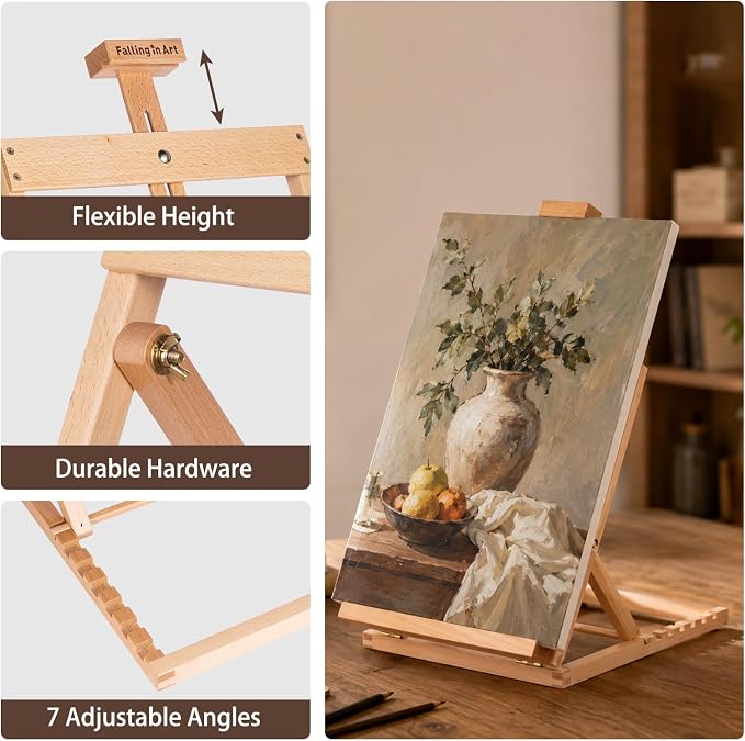 Falling in Art Heavy-Duty H-Frame Tabletop Easel for Painting | Adjustable Beechwood Desktop Easel, Portable Canvas Stand for Adults, Beginners and Artists