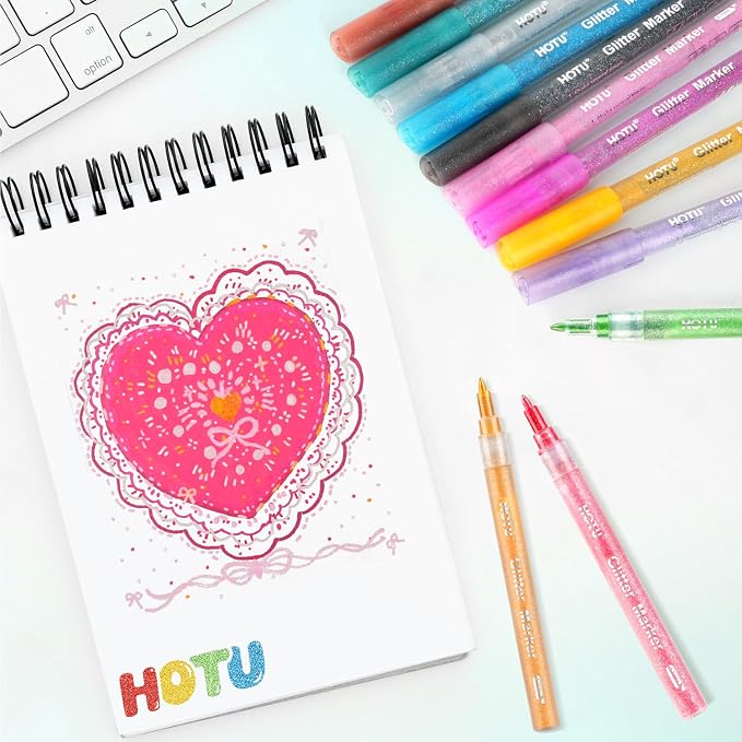 HOTU Glitter Markers Pens, 12 Sparkly Colors, 0.7mm Fine Tip for Coloring