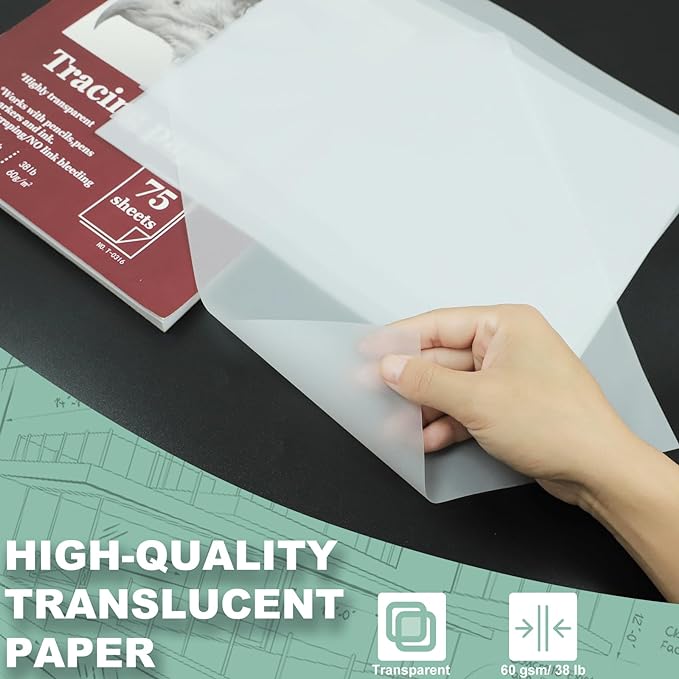 SuFly Tracing Paper for Drawing, 9'' X 12'' Tracing Paper Pad, 75 Sheets | Transparent Vellum Paper for Tracing Pads, 38lb/60gsm Trace Paper Pad for Sketching, Preliminary Drawing, Overlays Images