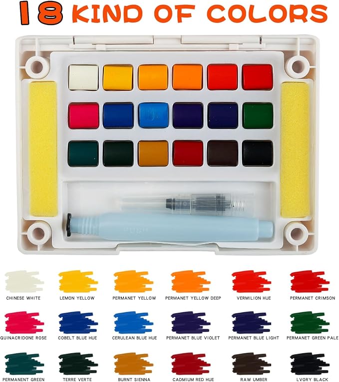 Watercolor Paint Set,Vivid Colors Travel Paint Set Graspable Painting Set Compact Size, Watercolor Kit with Water Brush Pens,24 Sheets Watercolor Papers,3 Online Tutorial Video - 18colors