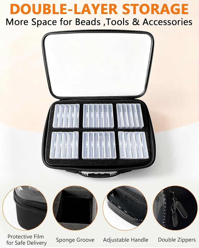 64 PCS Diamond Painting Storage Case, Bead Storage Containers with Lids & Label Stickers, Portable Diamond Art Organizer Box with Carrying Handle, Black