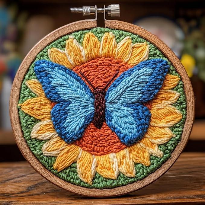 DIY Punch Needle Kits Butterfly on Sunflower with Hoop 20x20cm-1 | with Pattern Stamped Easy for Beginners Embroidery Punch Needle Starter Craft Set for Adults Festival Gift and Decoration