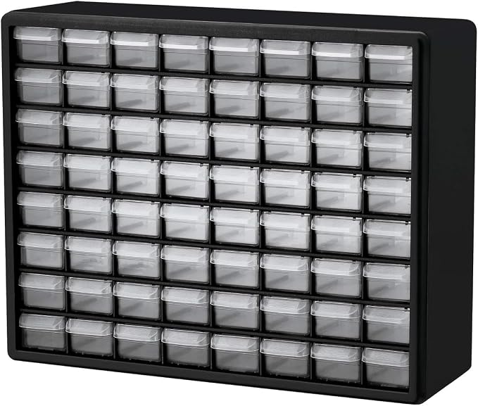 Akro-Mils 64-Drawer Plastic Storage Cabinet, 20" W x 6" D x 16" H, Black | Plastic Cabinet w/ Drawers for Garage Organization, Beads, Building Bricks Storage, Teacher Toolbox, Makeup Organizer, 10164