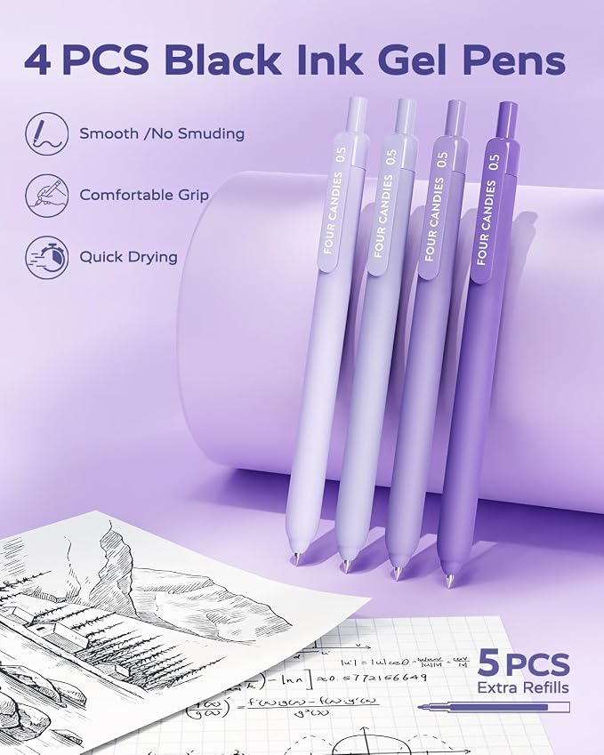 Four Candies Aesthetic Purple School Supplies Kit with Case for Girls