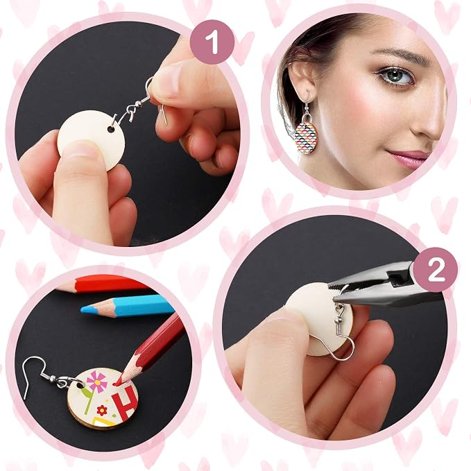 Hicarer 200 Pieces Unfinished Wooden Earrings Blank Round Wood Pendants