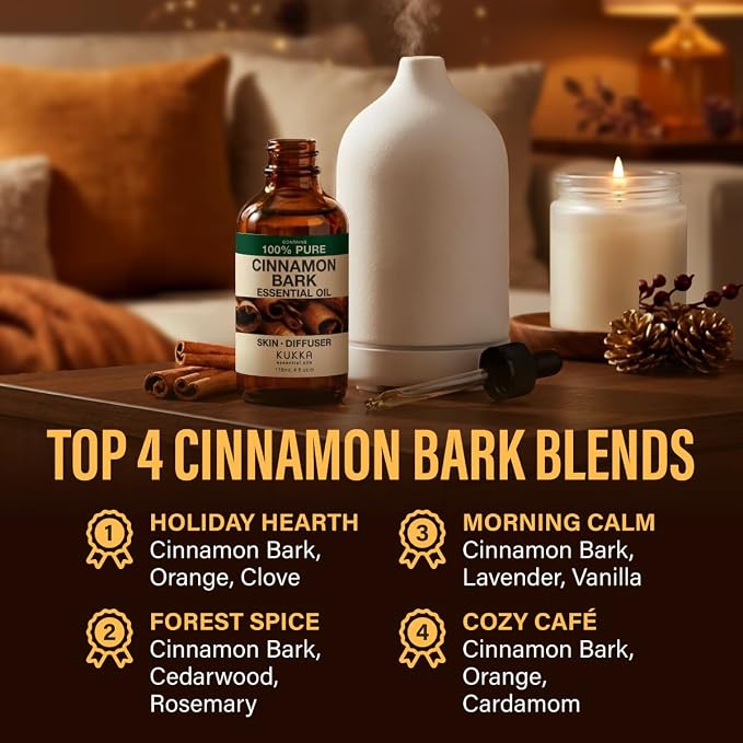 100% Pure Cinnamon Oil 4 Fl Oz - Cinnamon Bark Essential Oil for Diffuser | for Hair, Skin, Aromatherapy, Massage - GC/MS Tested, Non-GMO, Undiluted, Glass Dropper Bottle