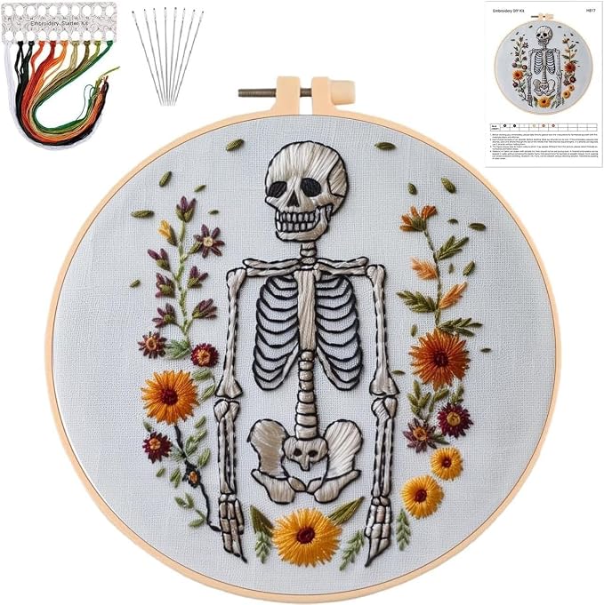 YOUDRN Halloween Embroidery Kit, Skeleton Halloween Cross Stitch Kit