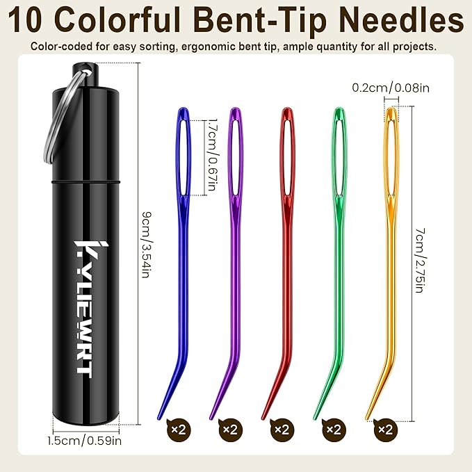 Premium Tapestry Needle & Weaving Needle Set for Crochet, Anodized 6063 Aluminum Bent Tip Yarn Needles with Portable Storage Tube for Crochet Finishing, Amigurumi & Knitting (Pack of 2)