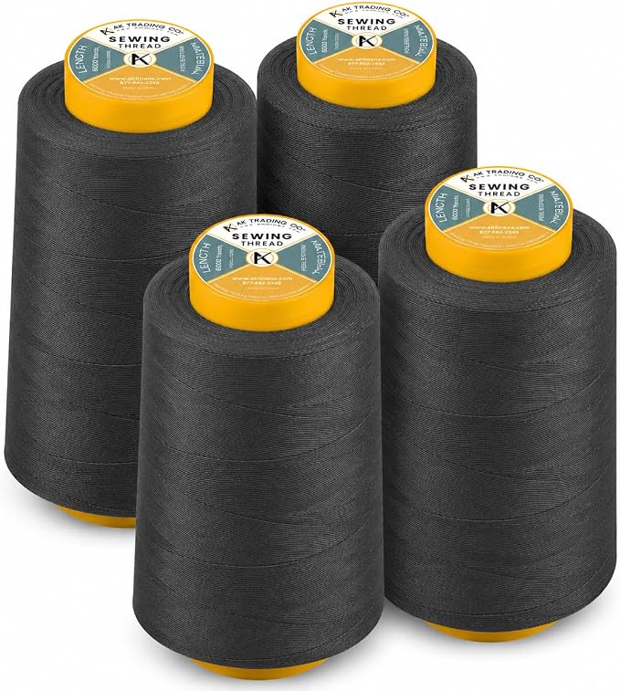 AK TRADING CO. 4-Pack Dark Gray All Purpose Sewing Thread Cones (6000 Yards Each) of High Tensile Polyester Thread Spools for Sewing, Quilting, Serger Machines, Overlock, Merrow & Hand Embroidery