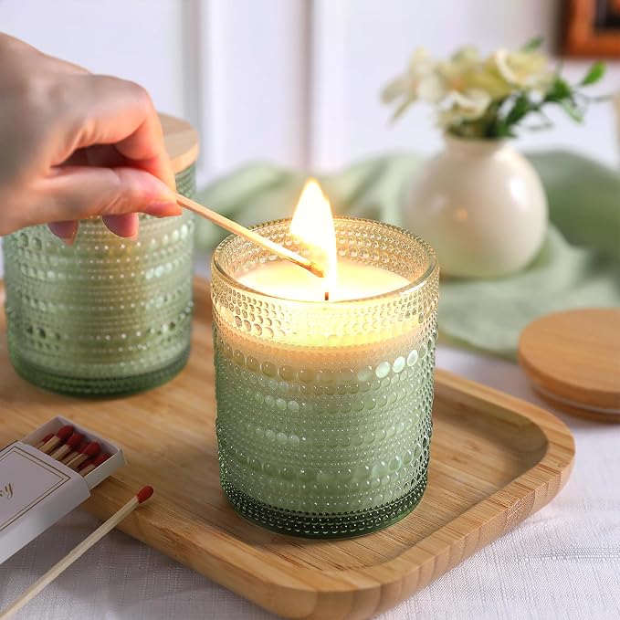 DARJEN 12 Pcs 10 oz Glass Candle Jars with Lids, Candle Tins-Green | Thick Wall Ribbed Glass, Airtight Wood Lids- The go to candle jar for DIY, thoughtful gifters, growing candle brands