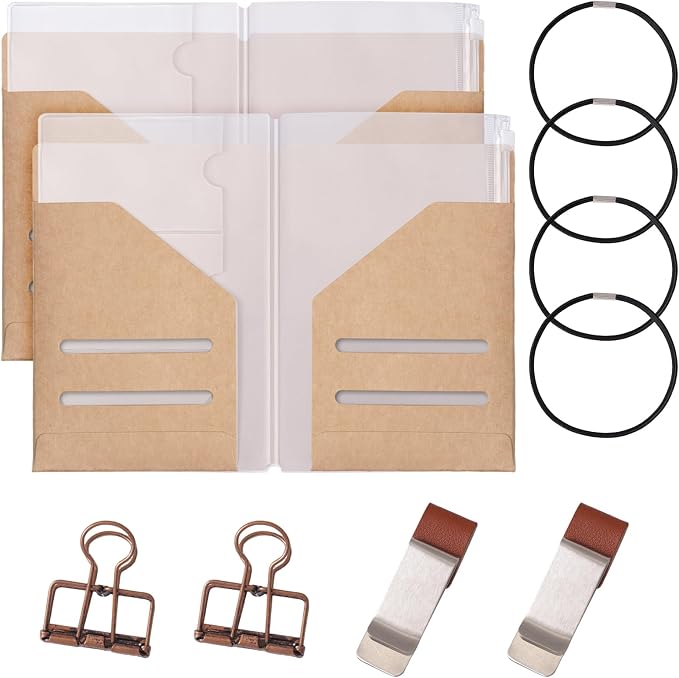 Passport Size Travelers Notebook Accessories Kit - All-in-One Set with Kraft Folder, PVC Zipper Case, Pen Holder, Binder Clip & 2 Elastic Bands for Travel Journal, Daily Use (Kraft, Passport Size 2 PC)