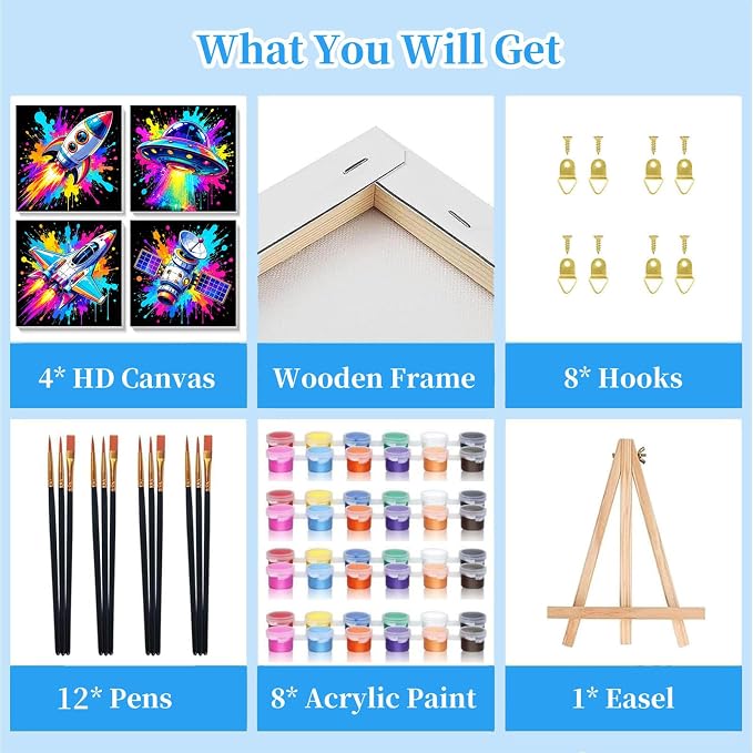 Arttoplus 4 Pack Paint by Numbers Kit for Kids with Frame Spaceship 8x8in | Cool Spaceship Kids Paint by Numbers Ages 4-8-12 with Wooden Easel, Outer Space Easy Painting by number for Gift Home Decor