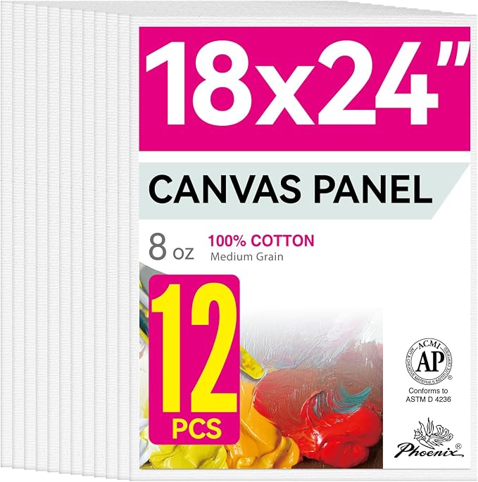 PHOENIX Large Painting Canvas Panels - 18x24 Inch, 12 Bulk Pack - 8 Oz Triple Primed 100% Cotton Acid Free Canvases for Painting, White Blank Flat Canvas Boards for Acrylic, Oil Paints