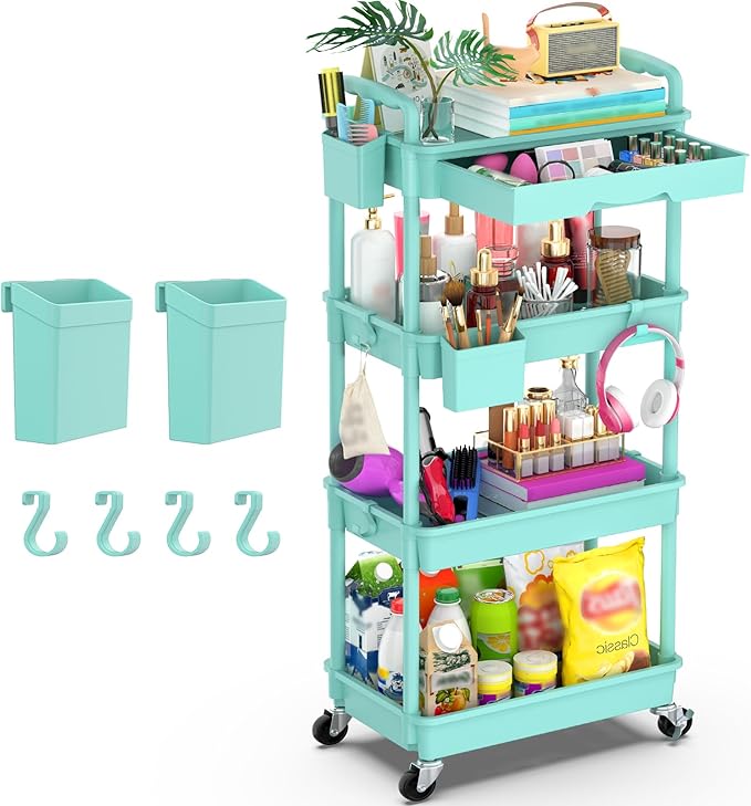 Goovilla 4 Tier Rolling Utility Cart Organizer with Removable Drawer, Blue | Stable and Sturdy Rolling Storage Carts with 2 Lockable Wheels for Bathroom, Kitchen, Snack, Craft, Makeup, Baby Essentials