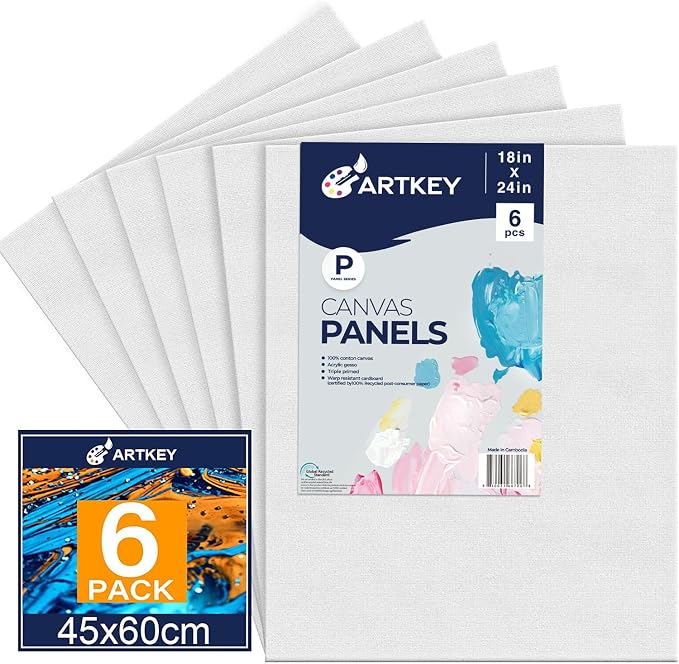 Artkey Canvas Panels 18x24 Inch 6-Pack, 10 oz Primed 100% Cotton Large Canvases for Painting, White Blank Flat Canvas Boards for Oil Acrylics Watercolor & Tempera Paints
