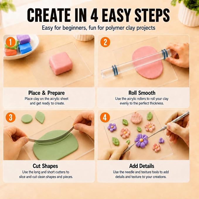 DIYOOHOMY 16pcs Polymer Clay Tools kit, Rolling Pin with Thickness Rings | Air Dry Clay Sculpting Supplies, Small Clear Craft Acrylic Roller, Tissue Blades Cutters Knife, Press Board, Texture Needle
