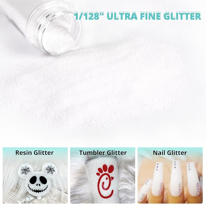 HTVRONT White Glitter for Crafts and Arts- 1.7oz/50g Fine Glitter Powder | Craft Glitter for Resin, Jewelry, Keychains, Candle Making, Paint, Slime Add Ins, Cosmetic Glitter for Nail Face
