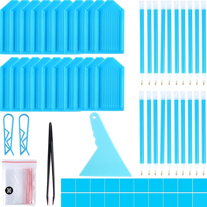 QYING 94PCS Blue 5D Diamond Art Painting Tools and Accessories Kits,with 20 Plastic Diamond Trays,20pcs Glue Clay,20 Diamond Art Painting pens,Non-Slip Clips,tweezer,and Diamond Crreection