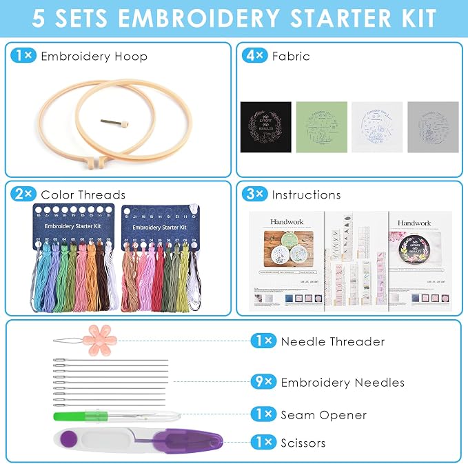 ERKOON 4 Pack Beginner Embroidery Kits for Adults DIY Starter Kit with 33 Stitch Techniques, Stamped Patterns, Embroidery Hoop, Colorful Threads, Tools, Step by Step Instructions & Video Tutorial