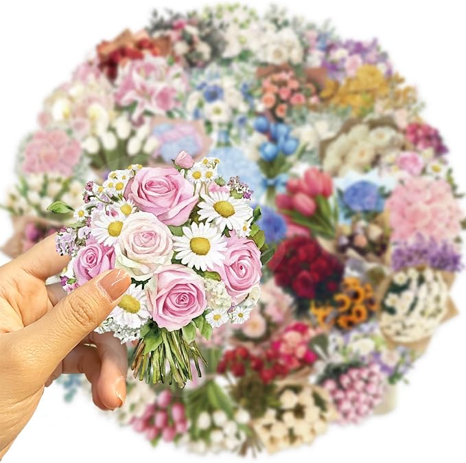 50Pcs Transparent Flower Bouquet Sticker Waterproof Vinyl Aesthetic Clear Floral Stickers for Scrapbooks,Laptops, Water Bottles Journals Girls Teens Adults Teachers Collectors DIY Lovers(Bouquet)