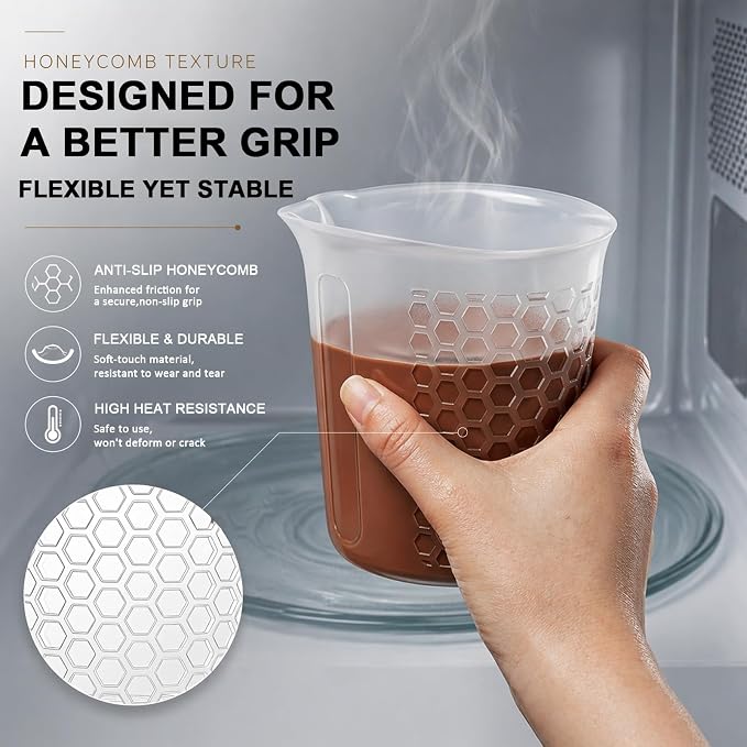 Palksky Silicone Measuring Cups Set (1-Cup & 2-Cup & 4-Cup) with Jar Spatula, Microwave Safe, Honeycomb Heat-Control Grip, Easy-Read Liquid Measuring for Baking, Cooking & Chocolate Melting