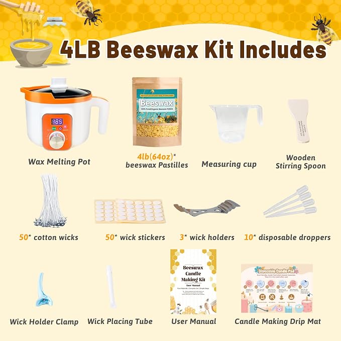 Beeswax Candle Making Supplies, 4LB Organic Beeswax Pellets with Wax Melter