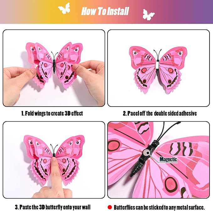 SAOROPEB 3D Butterfly Wall Decor, 24 Pcs Double Layer Butterfly Decorations for Party Decorations Locker Decor Refrigerator Decal, Reusable (Pink)