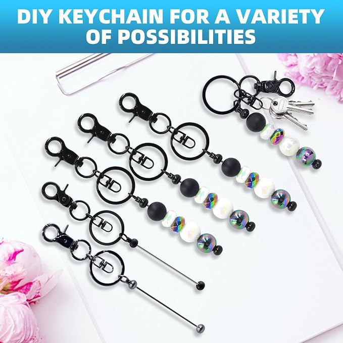 40 Pcs Beadable Keychains Bulk Kit – DIY Keychain Making Supplies with Metal Blanks for Crafts, Jewelry, Charms, Custom Projects – Blank Chain Bars for Beaded Keychain Design (Black)