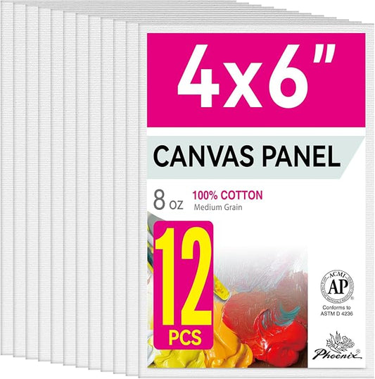 PHOENIX Small Painting Canvas Panels 4x6 Inch, 12 Value Pack - 8 Oz Triple Primed 100% Cotton Acid Free Canvas Boards for Painting, White Blank Flat Canvas Boards for Acrylic, Oil Paints