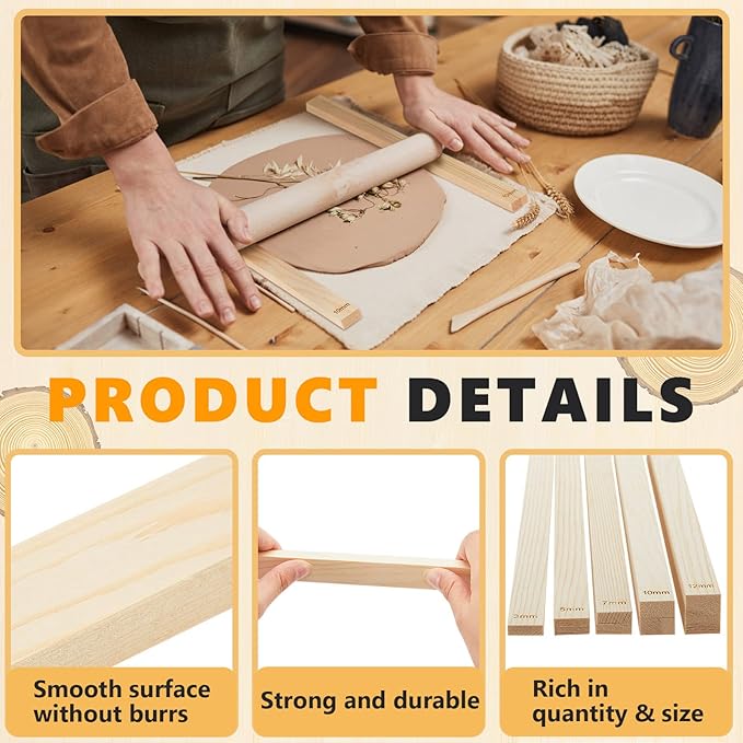 Sasylvia 10 Pcs Clay Pottery Rolling Pin Guides,5 Size,Wood Color | Wooden, Teaching Rolling Mud Stick Guide, Polymer Clay Depth Thickness Guide, Pottery Mudboard Tool