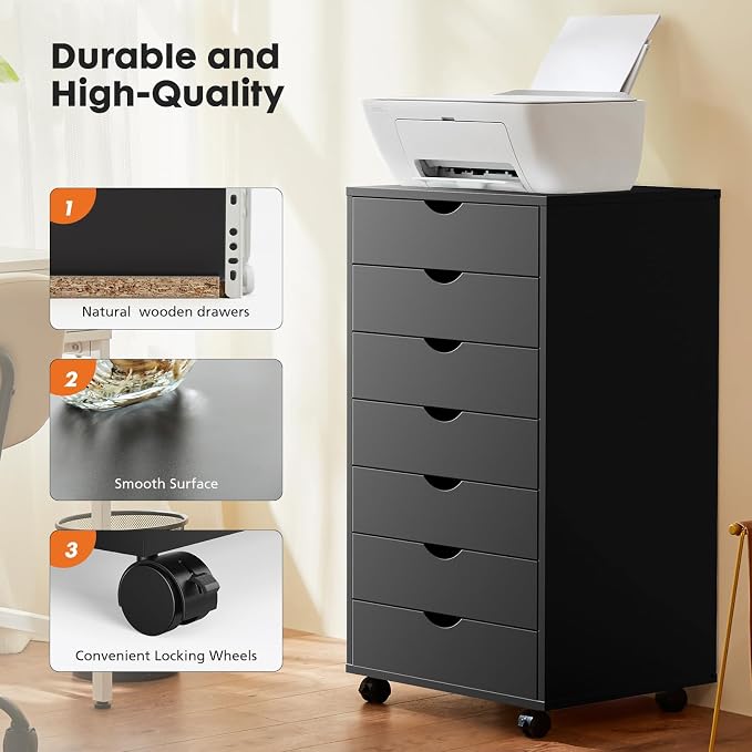OLIXIS 7 Drawer File Cabinet on Wheels, Printer Stand