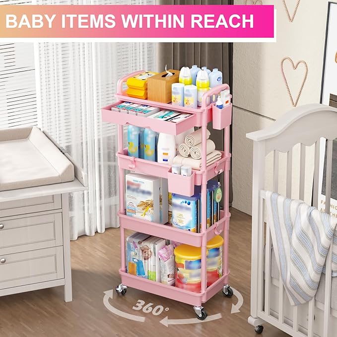 Goovilla 4 Tier Rolling Utility Cart Organizer with Removable Drawer, Pink | Stable and Sturdy Rolling Storage Carts with 2 Lockable Wheels for Bathroom, Kitchen, Snack, Craft, Makeup, Baby Essentials