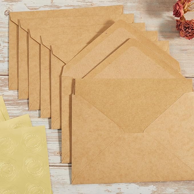 50 Pack Kraft Paper A7 Envelopes with Cards and Gold Stickers, 5x7