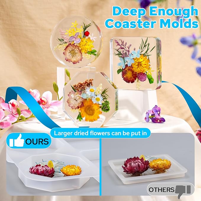 LET'S RESIN Extra Deep Coaster Resin Molds, 4Inches 6 Cavity Silicone Molds | Round/Square/Octagon Shape Mould for Epoxy Resin, Flower Preservation, DIY Art Craft Cup Mats