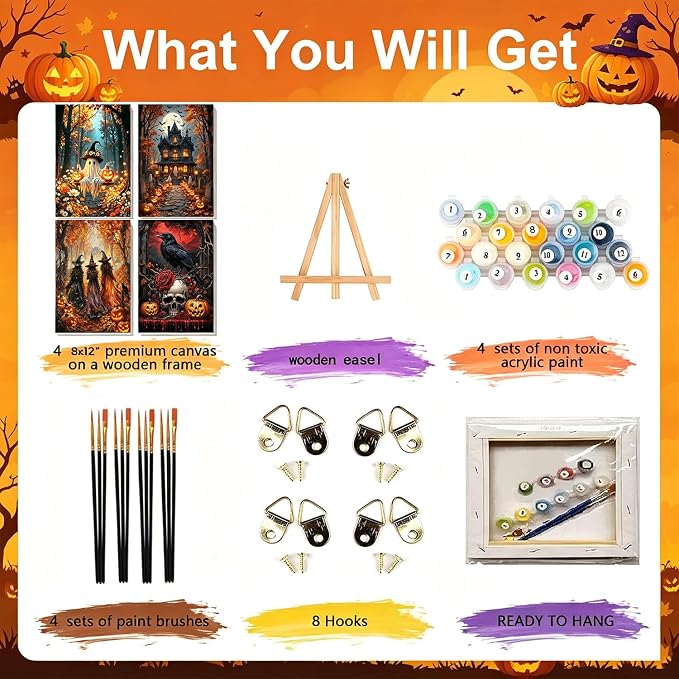 bleihum 4 Pack Halloween Paint by Numbers Kit for Adults with Frame Easel