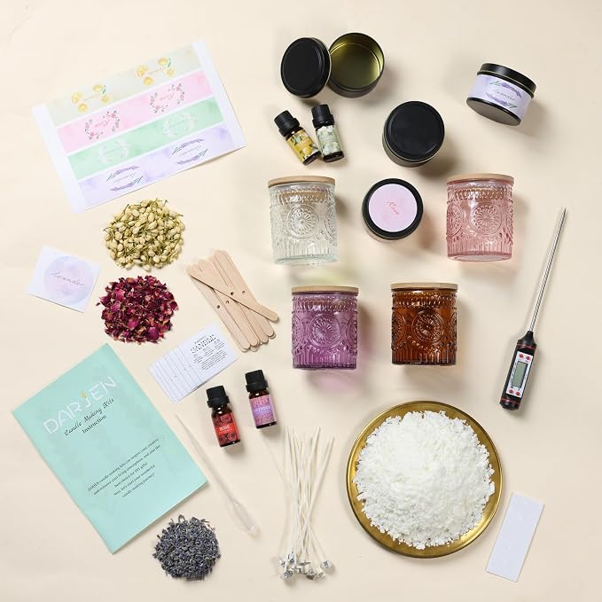 DARJEN Candle Making Kit for Adults, 8 Jars & Tins Soy Wax Scented DIY Set | 100% Soy Wax, 10oz Glass Jars, 4oz Tins, Cotton Wicks, Pleasant Scents, Instruction& More- Perfect as Home Decorations