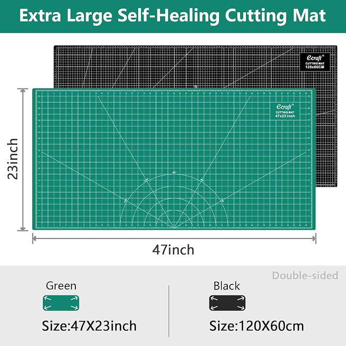 Ecraft 23"x47" Large Self Healing Non-Slip Cutting Mat, Double Sided 5-Ply Black Green Mat for Quilting, Sewing, Fabric, Crafts and Scrapbooking