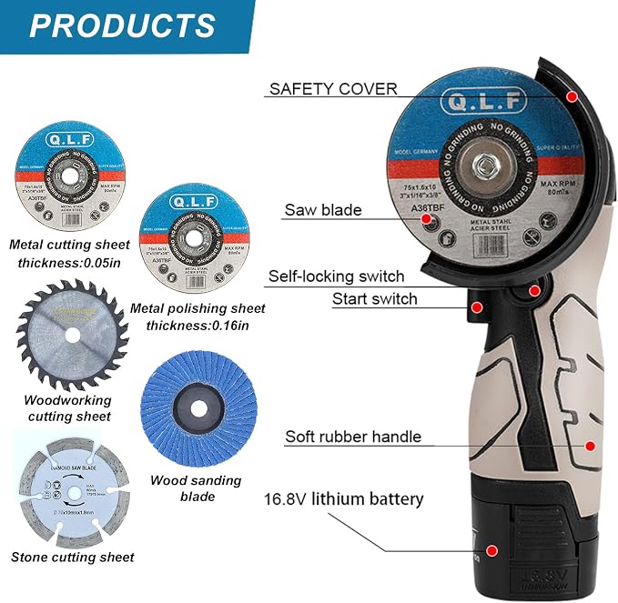ZFULVO Cordless Brush Angle Grinder Kit, 19500rpm Mini Electric Angle Grinding Tool with 2pcs 16.8V 2000mAh Batteries and 6-Cutting Discs, Grinder Handheld Cutter for Metal Wood